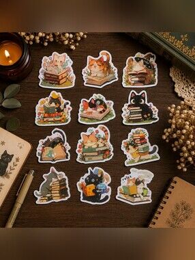 3 for $20 Cute Cat Reading Book Lover 12 Pack Sticker Bundle New